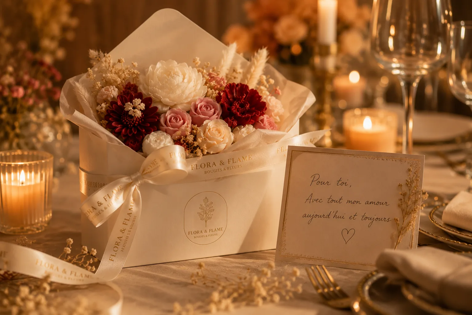 Table dressée aux chandelles avec un coffret Flore & Flame et une carte manuscrite « Pour toi, avec tout mon amour ».