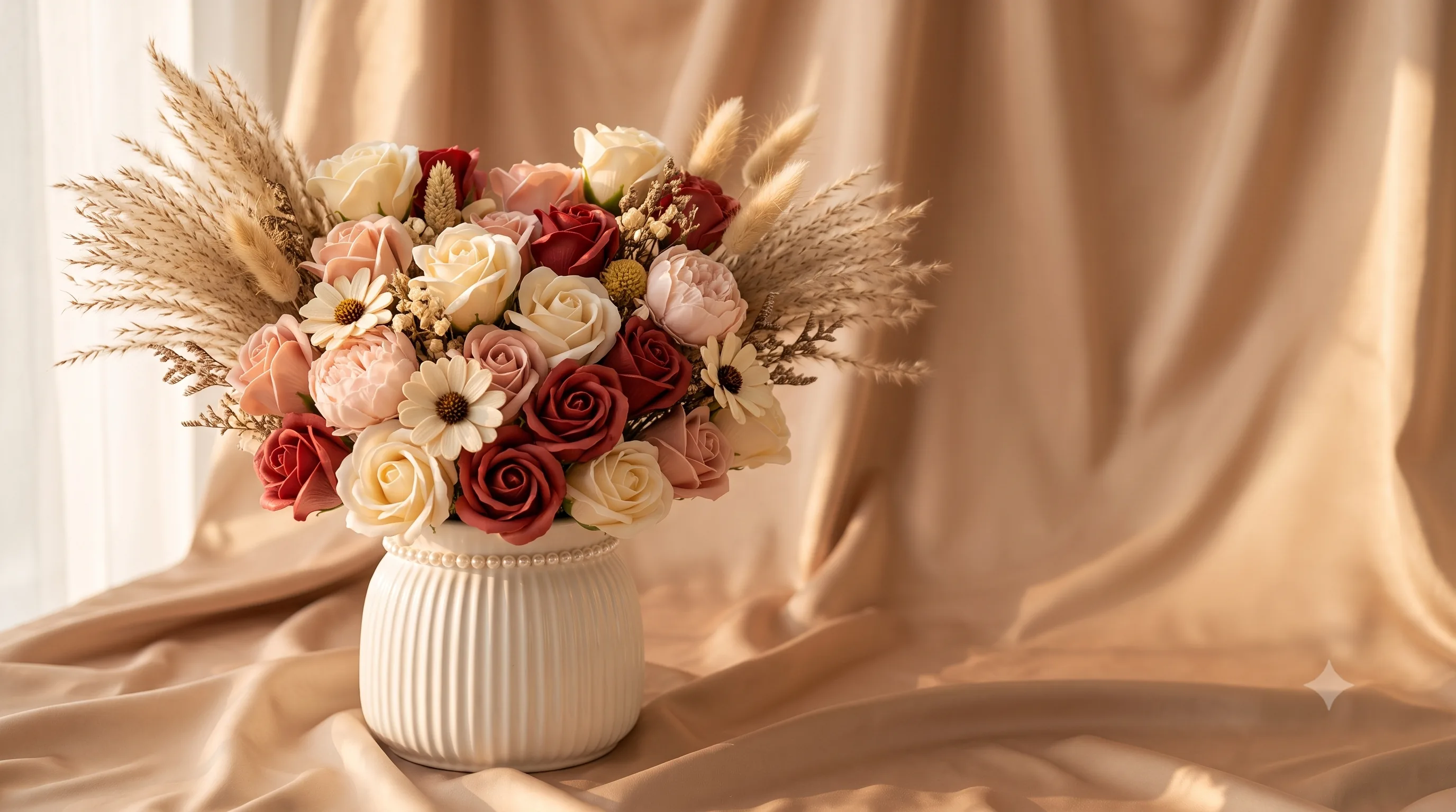 Le bouquet Signature posé sur un drap de soie dorée, éclairé par une lumière chaude de fin de journée.
