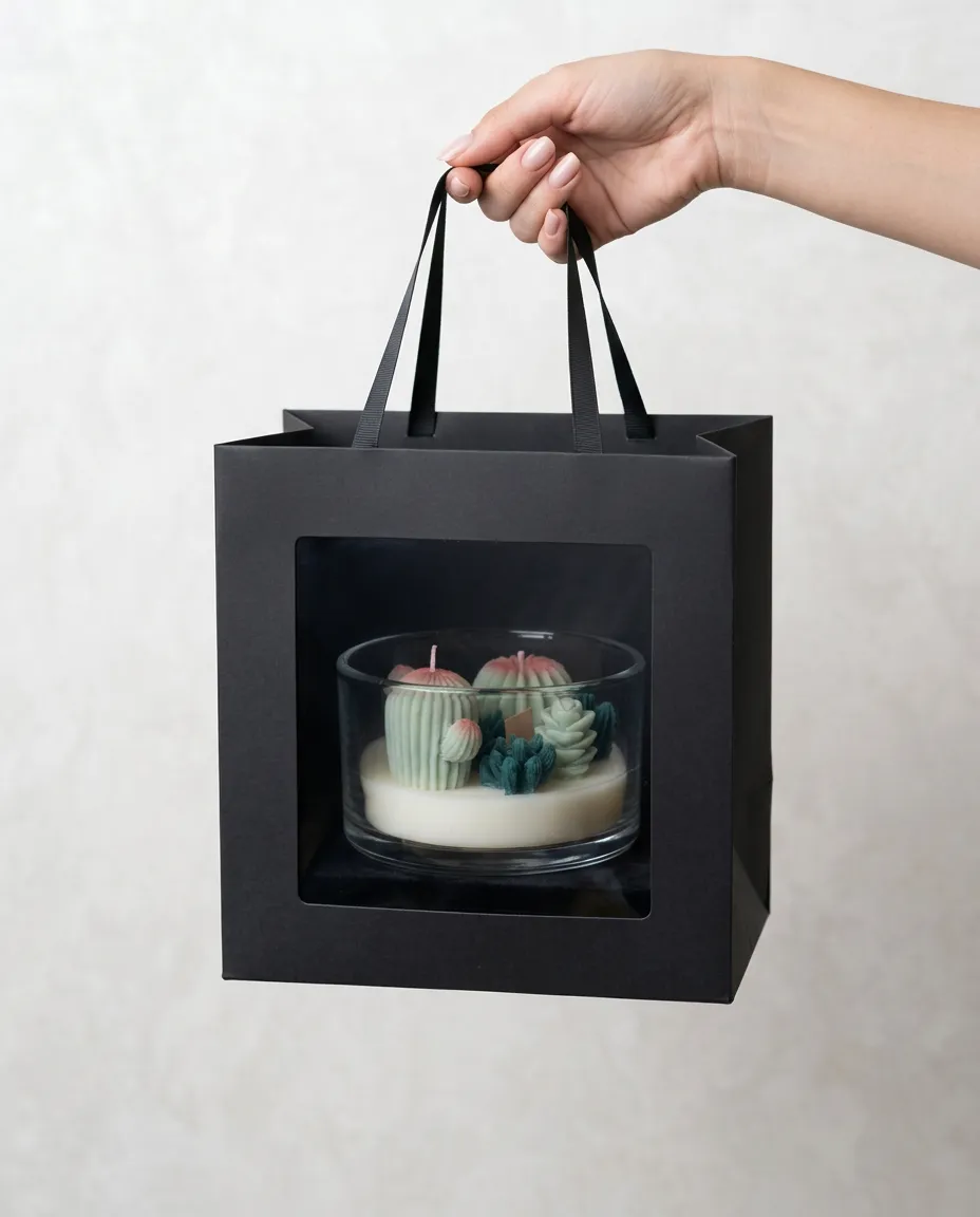 Verrine en verre garnie de bougies cactus et succulentes en cire, dans un sac cadeau noir à fenêtre.