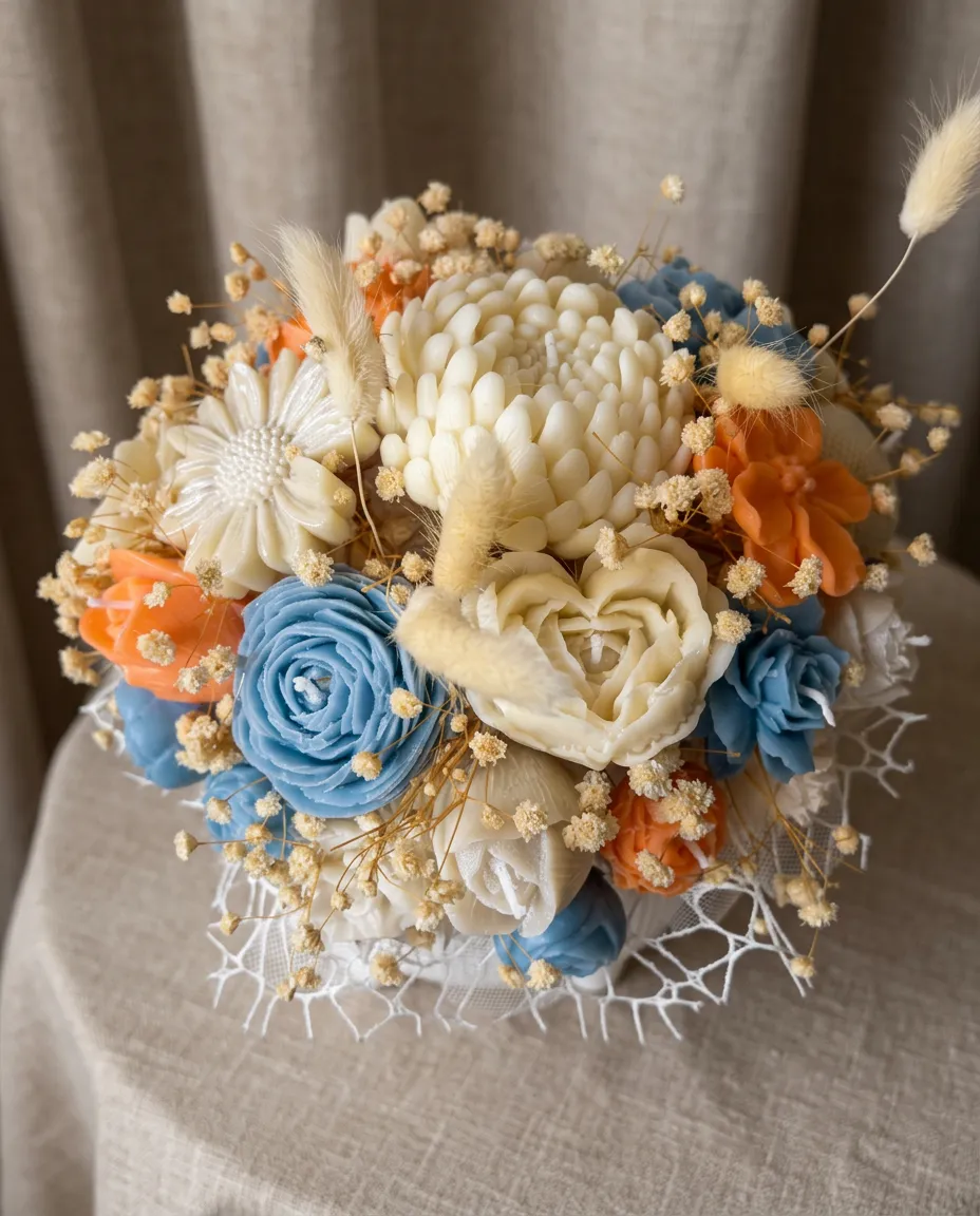 Bouquet de fleurs en cire corail, bleu poudré et ivoire avec gypsophile, vue de dessus sur du lin.