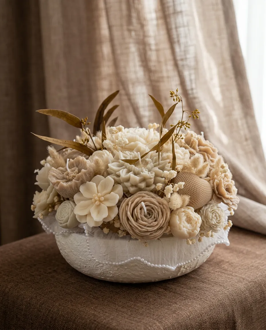 La coupe de fleurs en cire beige & eucalyptus près d'une fenêtre, lumière douce.