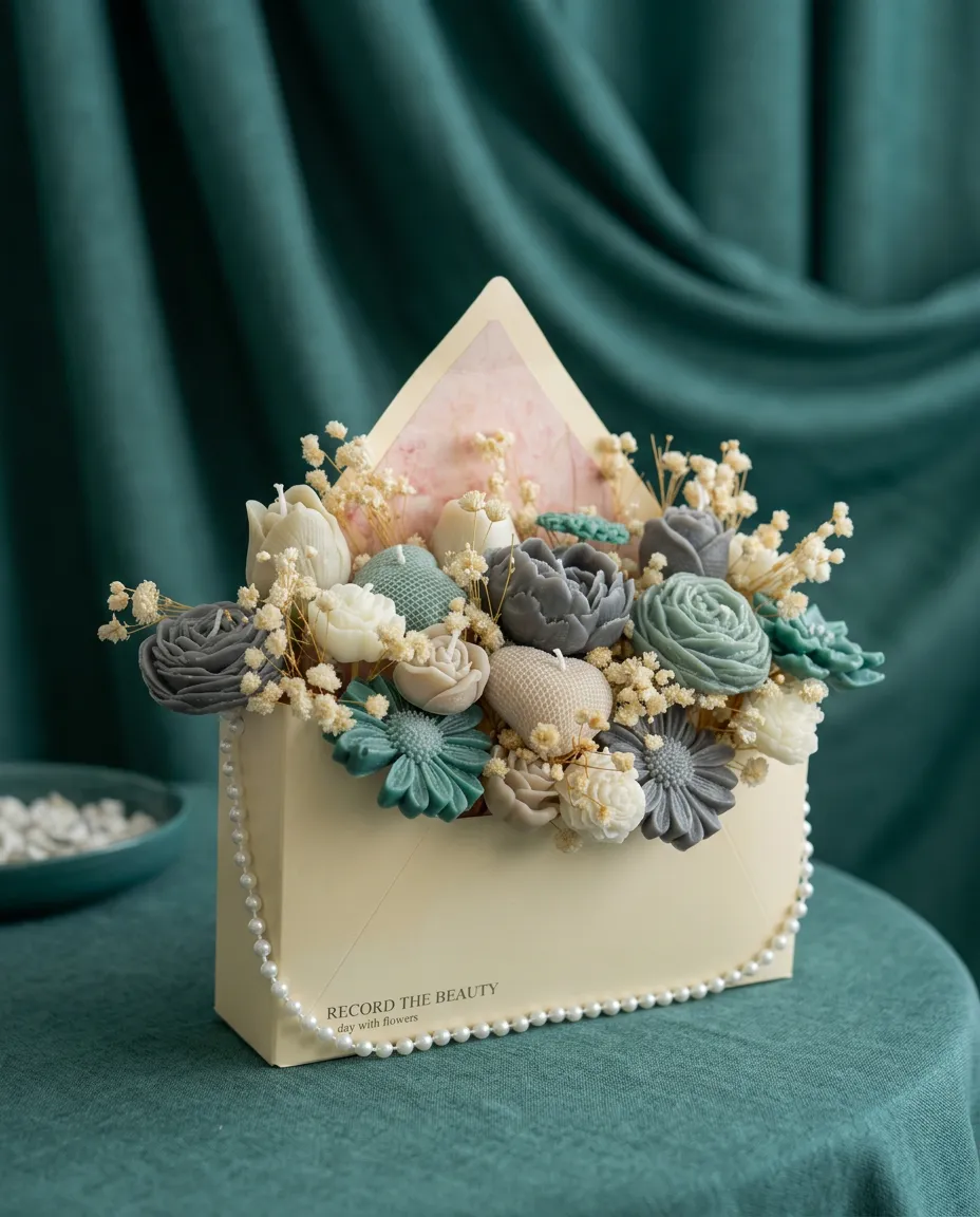 Boîte enveloppe crème garnie de fleurs en cire vert sauge, ardoise et vert d'eau, sur fond de velours vert.
