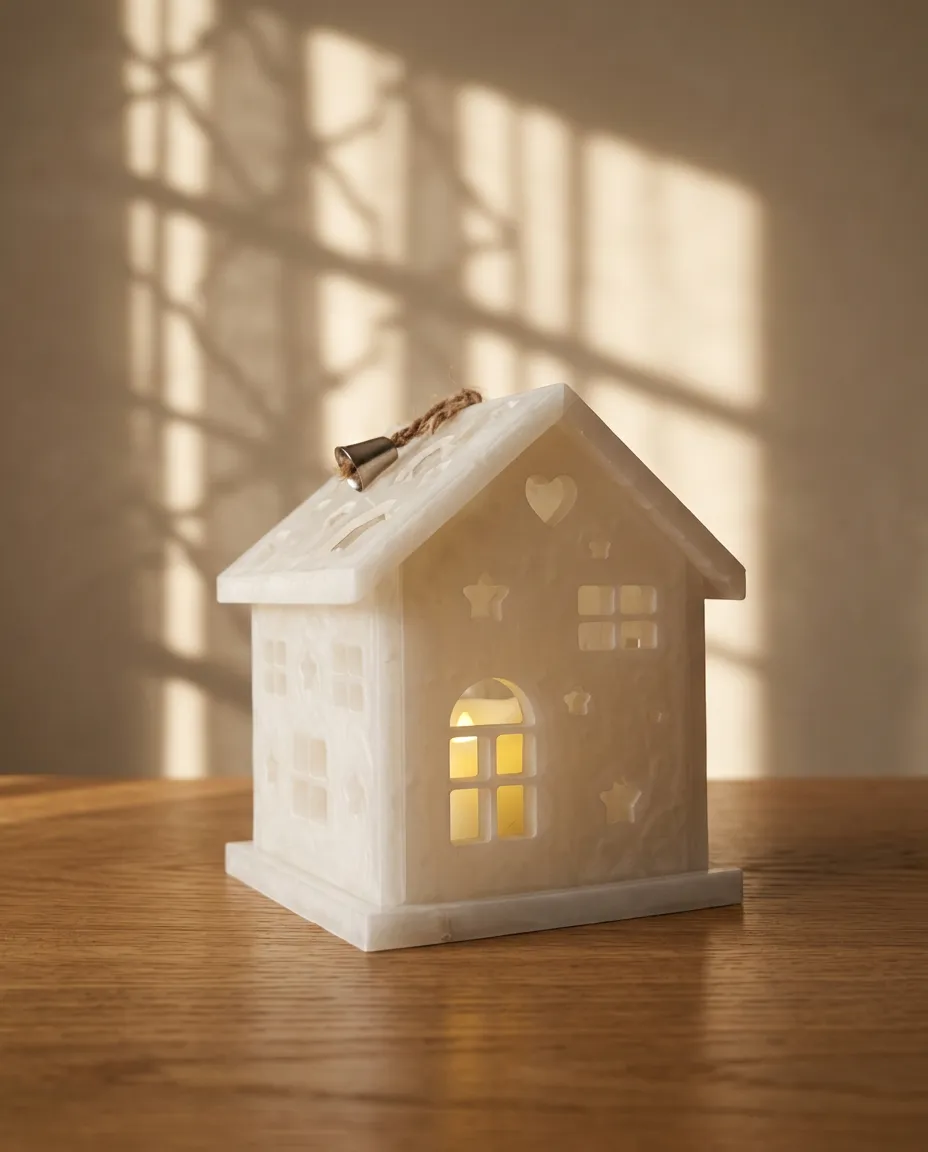 Veilleuse en cire en forme de maison, étoiles et cœur ajourés, allumée sur une table de chevet.