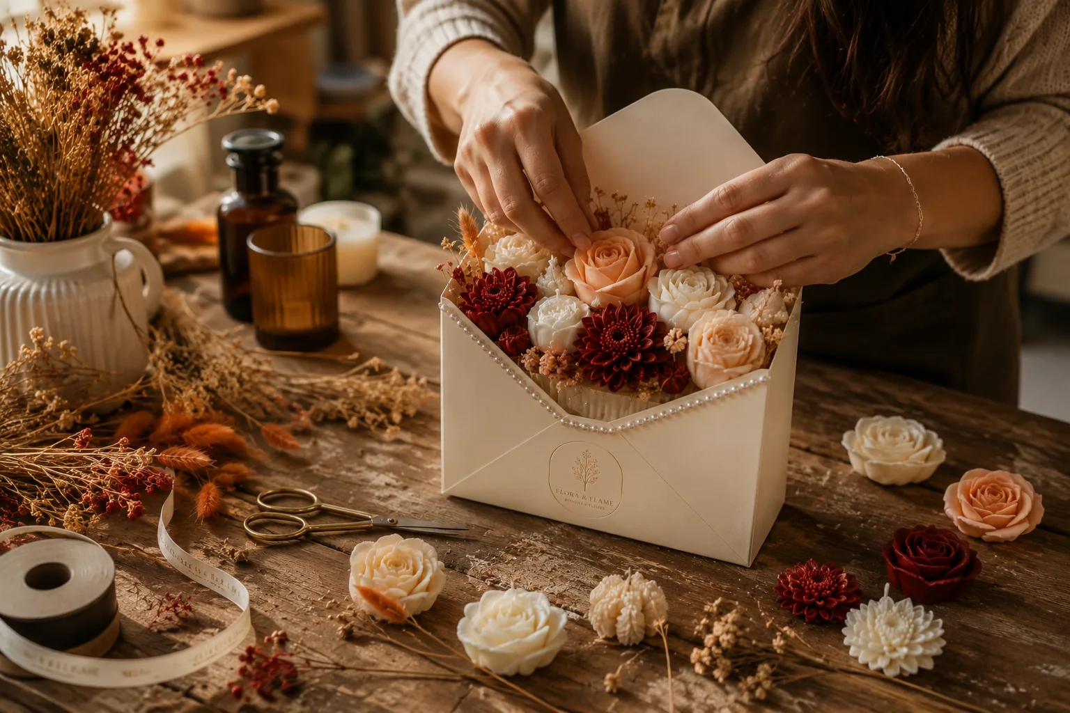 Une artisane compose à la main un bouquet enveloppe dans l'atelier Flore & Flame.