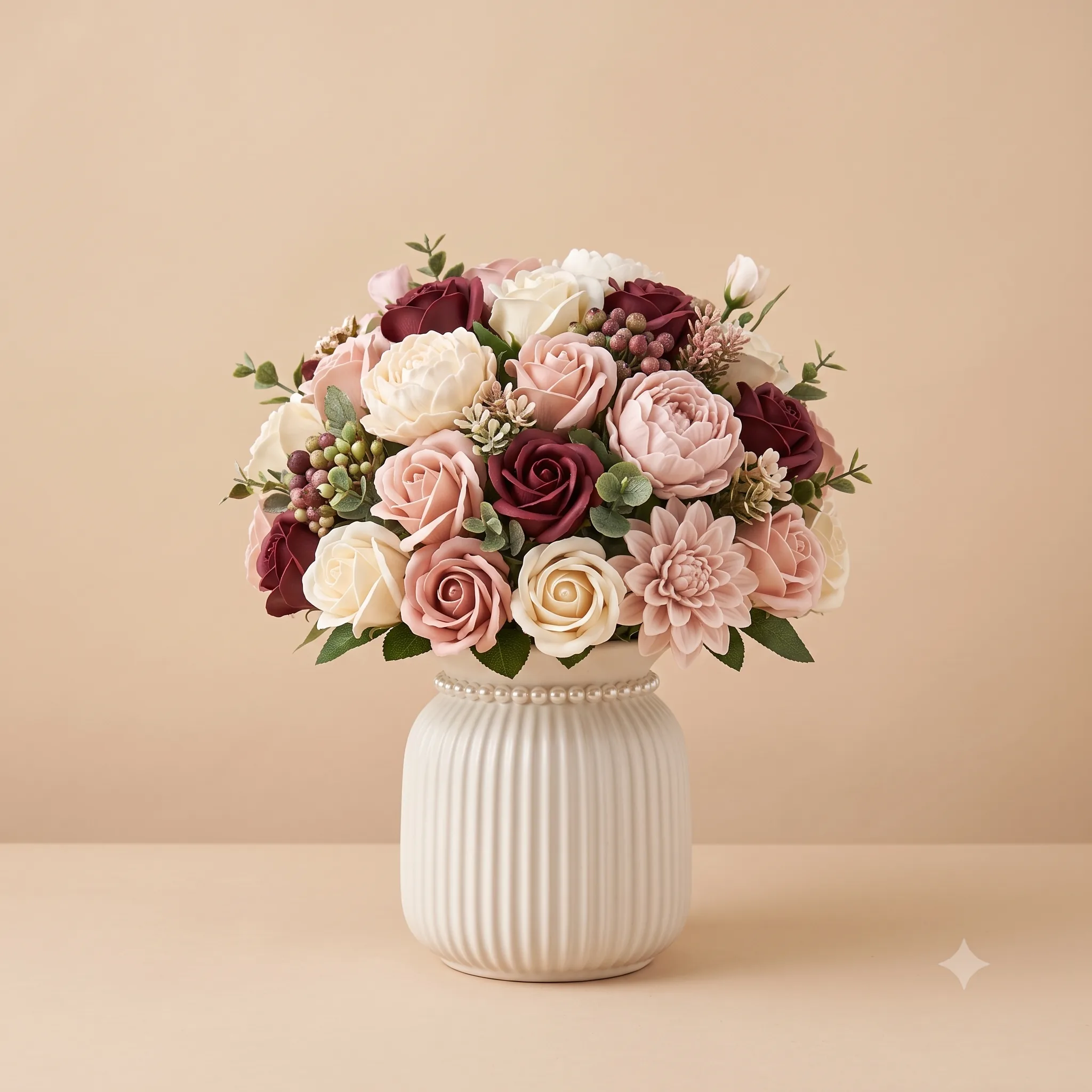 Bouquet rond de roses en cire ivoire, blush et bordeaux dans un vase en céramique côtelée, sur fond beige studio.