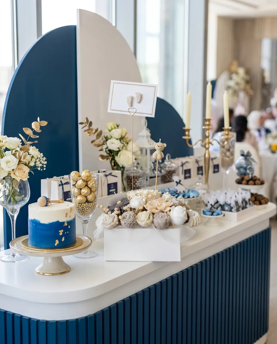 La box naissance Flore & Flame posée sur une table de fête décorée en bleu et or.