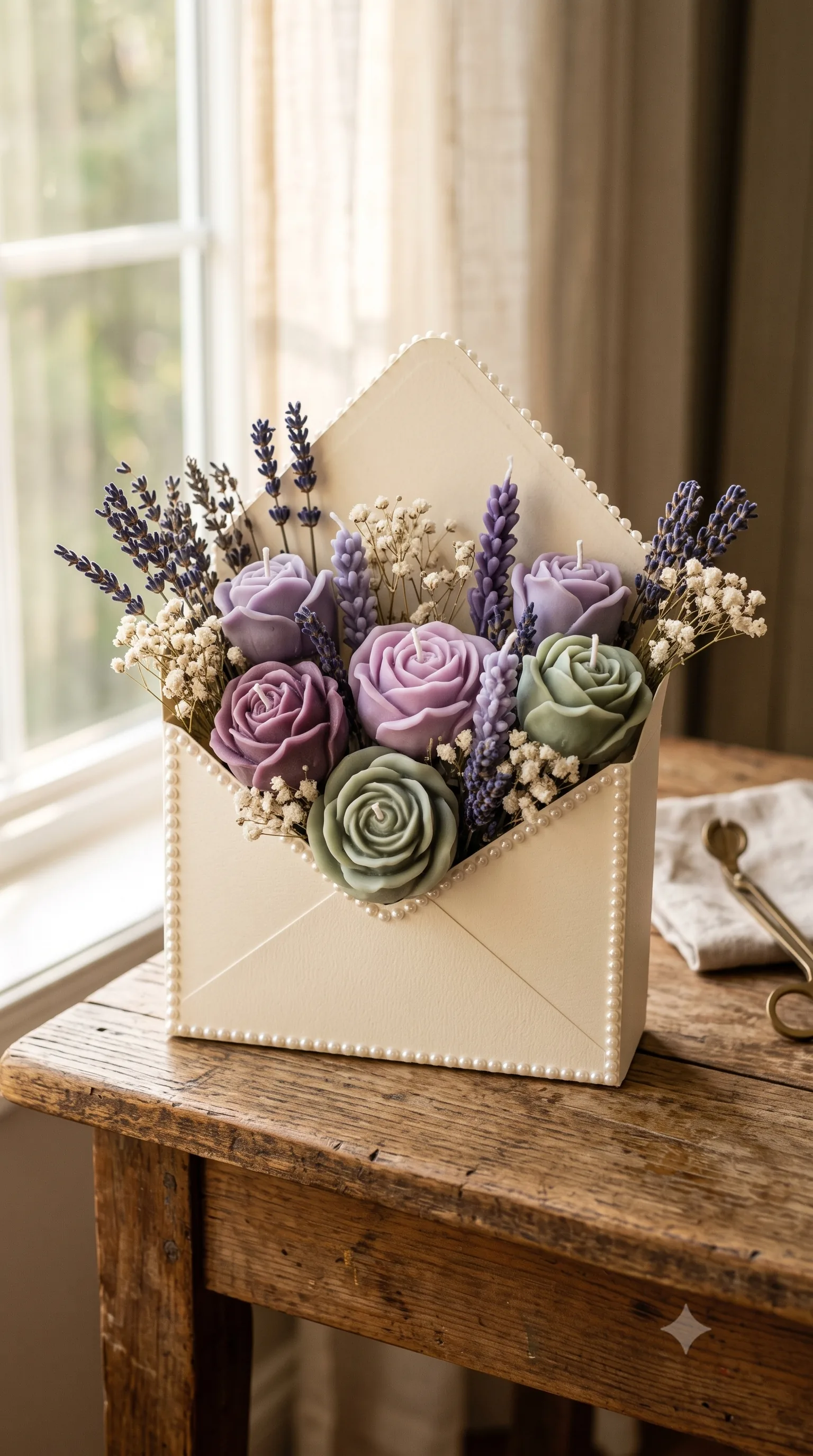 Bouquet enveloppe lavande et sauge éclairé par la lumière douce d'une fenêtre.