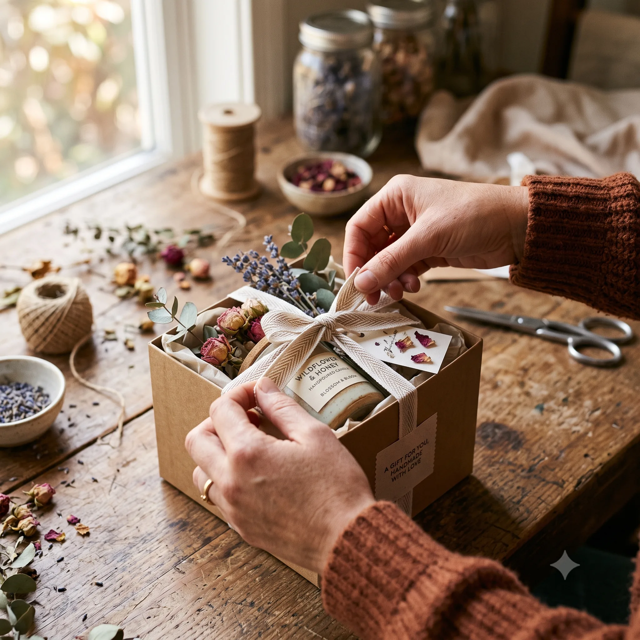 Mains nouant un ruban autour d'un coffret kraft contenant une bougie Wildflower & Honey, entourée de fleurs séchées.