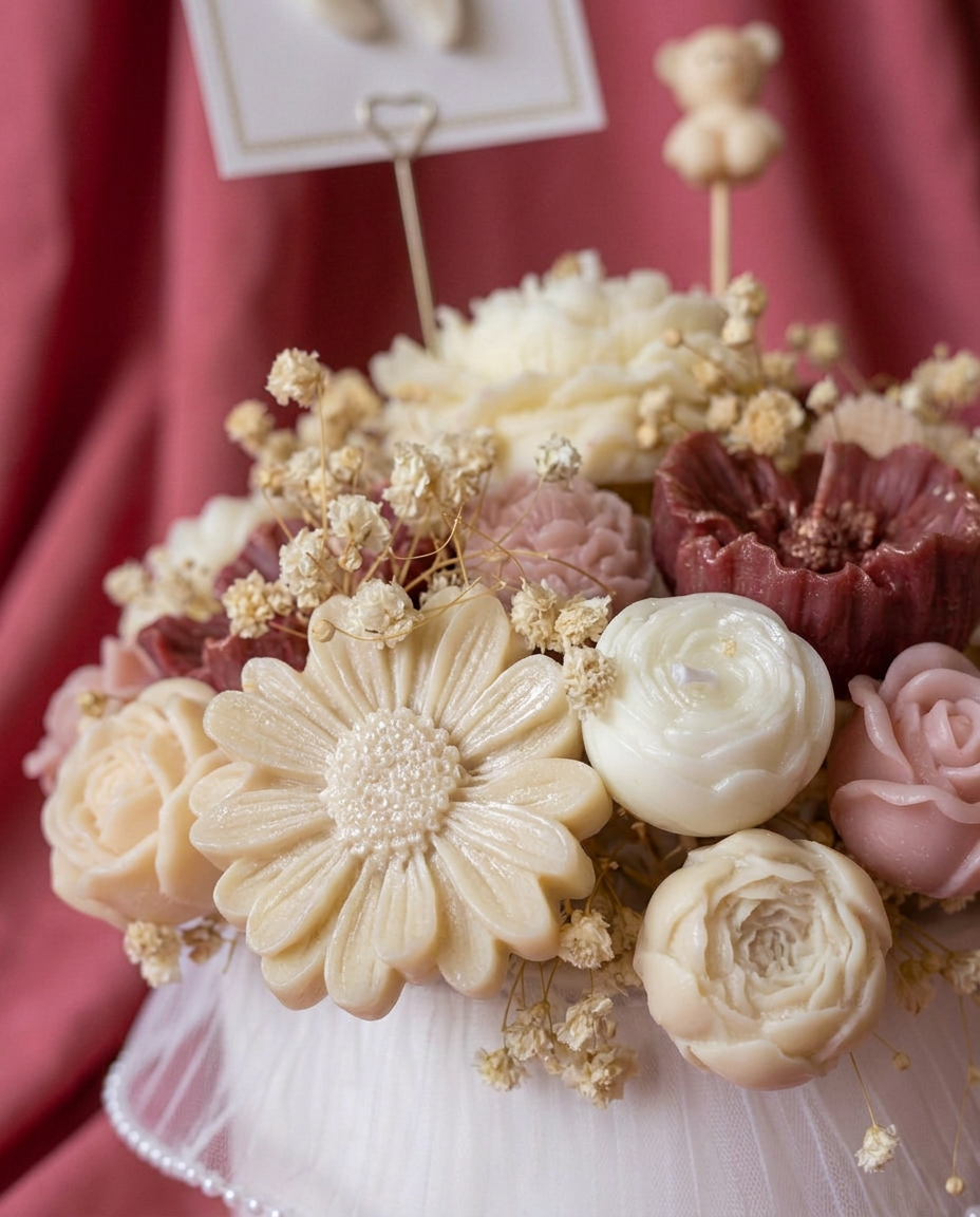Bouquet de fleurs en cire ivoire, blush et bordeaux, orné d'une breloque ourson et d'une carte cadeau, sur un fond de velours bordeaux.