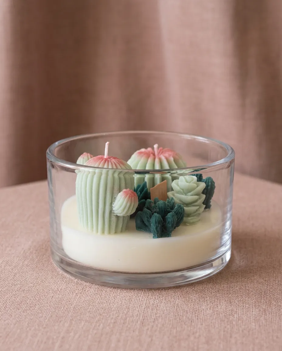 La bougie cactus dans sa verrine, cactus et succulentes en cire, sur fond drapé rosé.