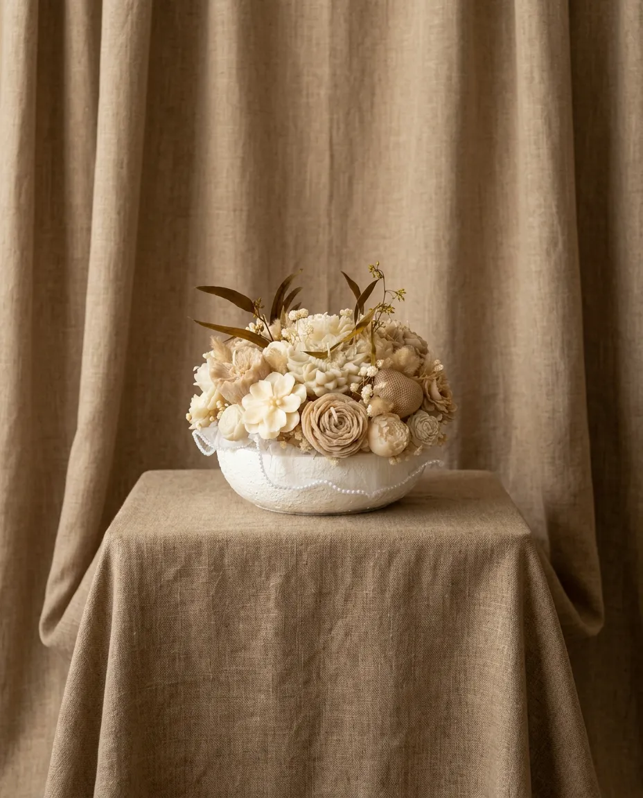 Coupe blanche perlée garnie de fleurs en cire beige et nude avec eucalyptus doré, sur fond de lin.