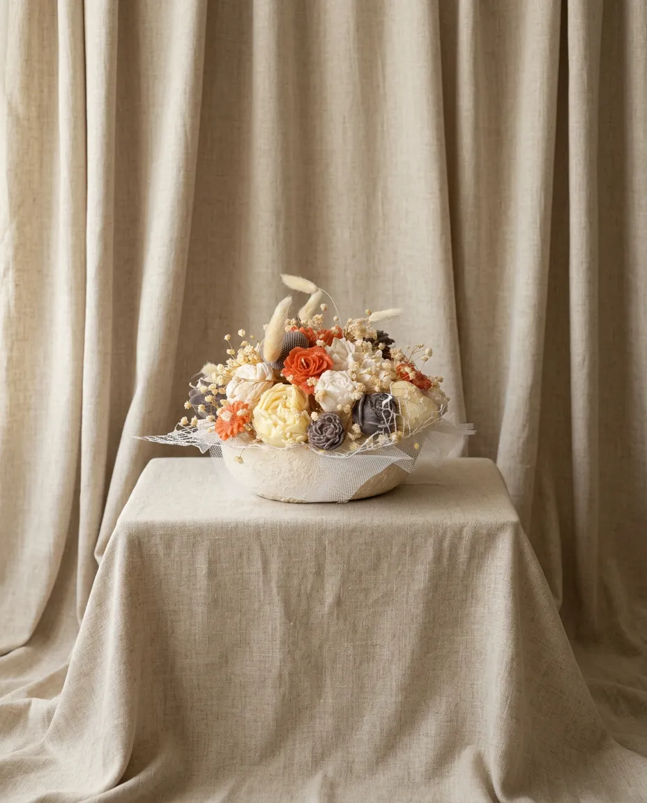 Composition de roses en cire corail, ivoire et taupe dans une coupe blanche, sur fond de lin drapé.