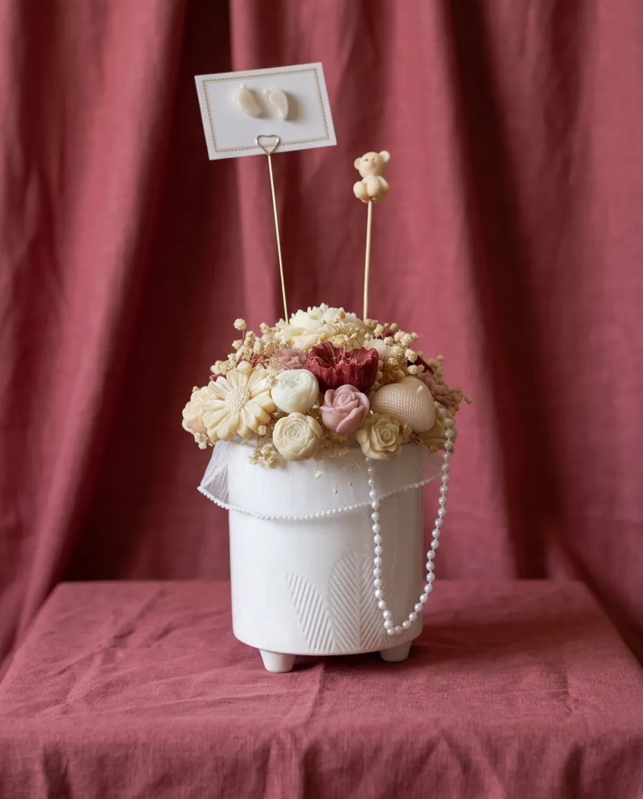 Composition naissance de fleurs en cire rose poudré et ivoire avec ourson et carte petits pieds, dans un pot blanc.