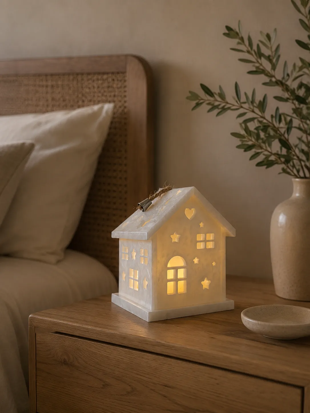Veilleuse en resine en forme de maison, étoiles et cœur ajourés, posée sur une table en bois à la lumière du jour.