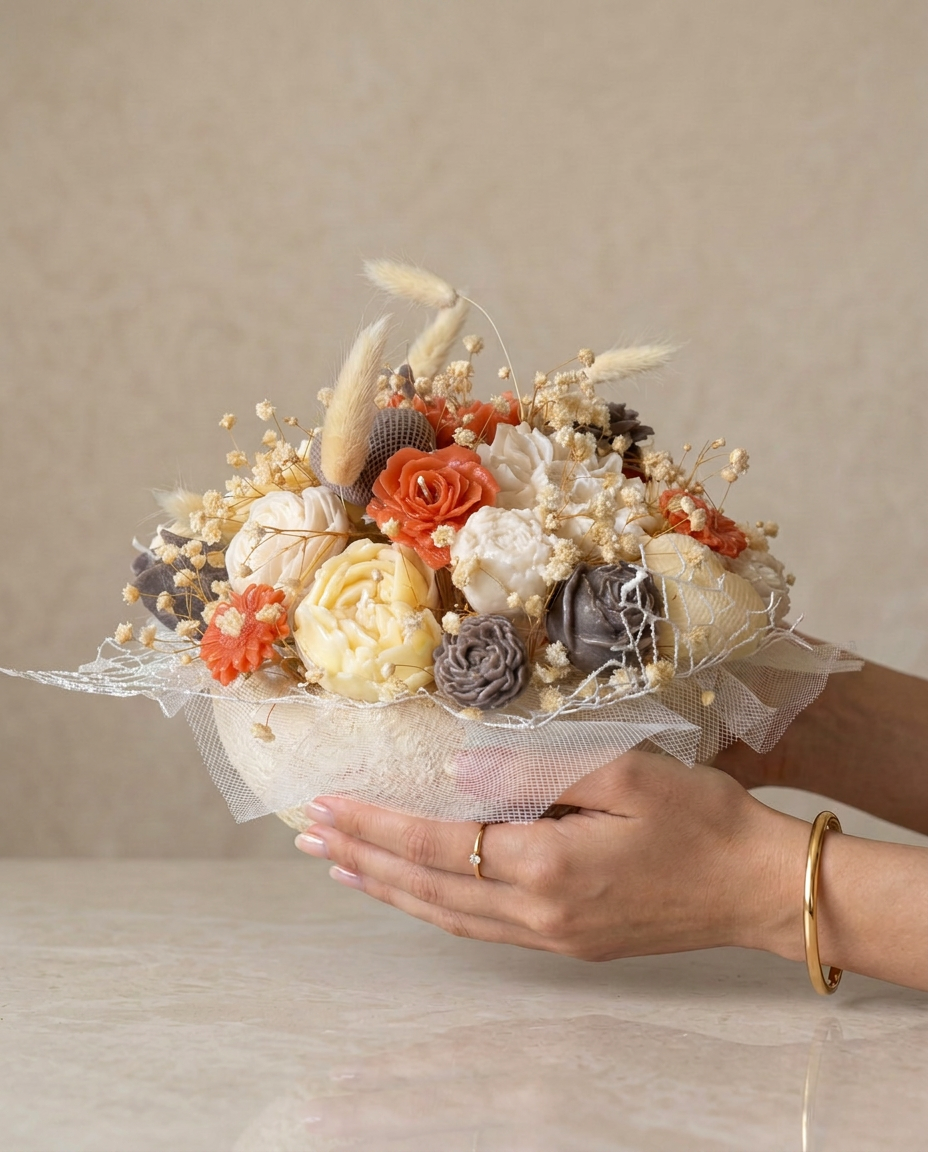 Bouquet enveloppe en fleurs en cire sauge, gris et ivoire, présenté dans une pochette cadeau, sur fond de rideau vert émeraude.